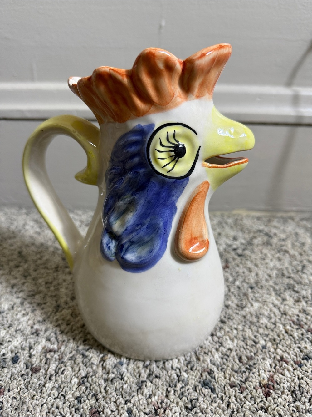 Portugal Hand-Painted Rooster Ceramic Farmhouse Rustic Pitcher 8”
